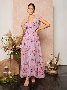 SHEIN Belle Floral Print Tie Back Ruffle Trim V-neck Chiffon Bridesmaid Dress SKU: sn220507575174... | SHEIN