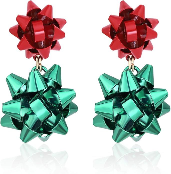 CEALXHENY Christmas Earrings Holiday Xmas Bow Earring for Women Red Green Festive Bow Drop Dangle... | Amazon (US)