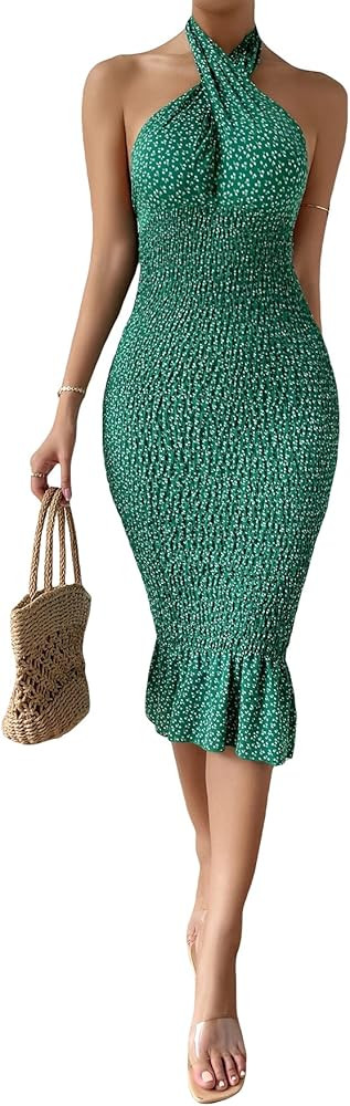 OYOANGLE Women's Ditsy Floral Print Wrap Cross Halter Backless Ruffle Shirred Bodycon Midi Dress | Amazon (US)