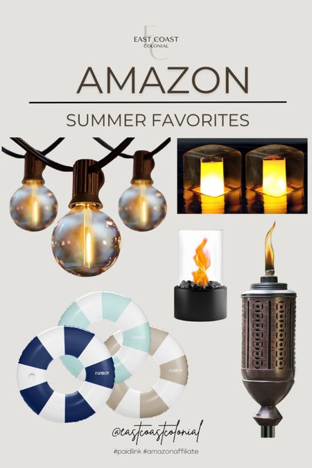 Amazon summer favorites. 

Lightweight string lights, floating solar pool lights, tiki torch, vintage style pool tube floats, tabletop firepit. 

#LTKHome #LTKParties #LTKSaleAlert