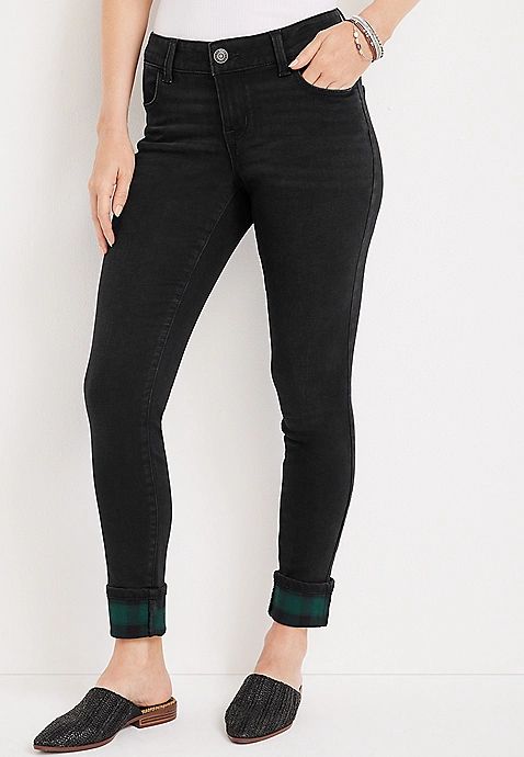 m jeans by maurices™ Black Super Soft Plaid Cuff Low Rise Jean | Maurices