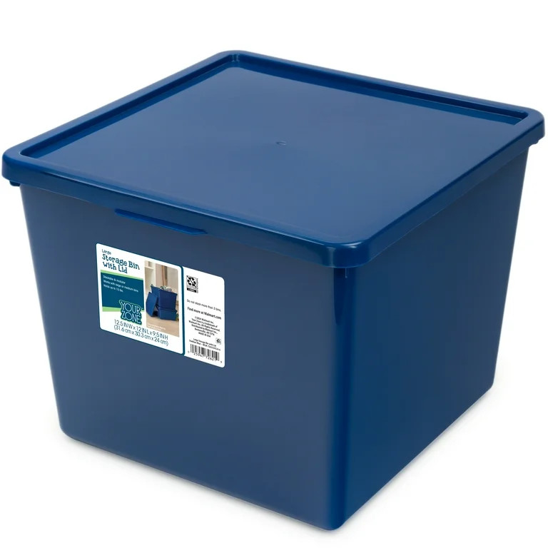 Your Zone Kids Large Plastic Stacking Storage Bin with Lid, Blue, 12 in x 12.4 in x 9.4 in | Walmart (US)