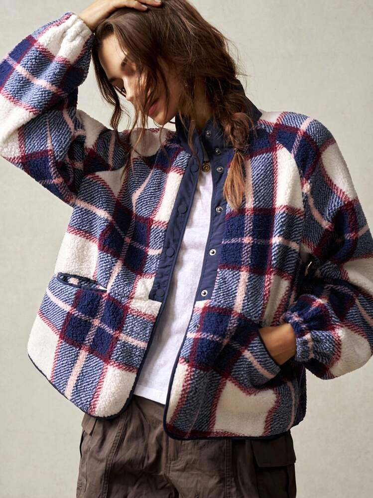 Bohemela Women's Loose Fit Plaid High Collar Raglan Sleeve Casual Jacket In Fall/Winter | SHEIN