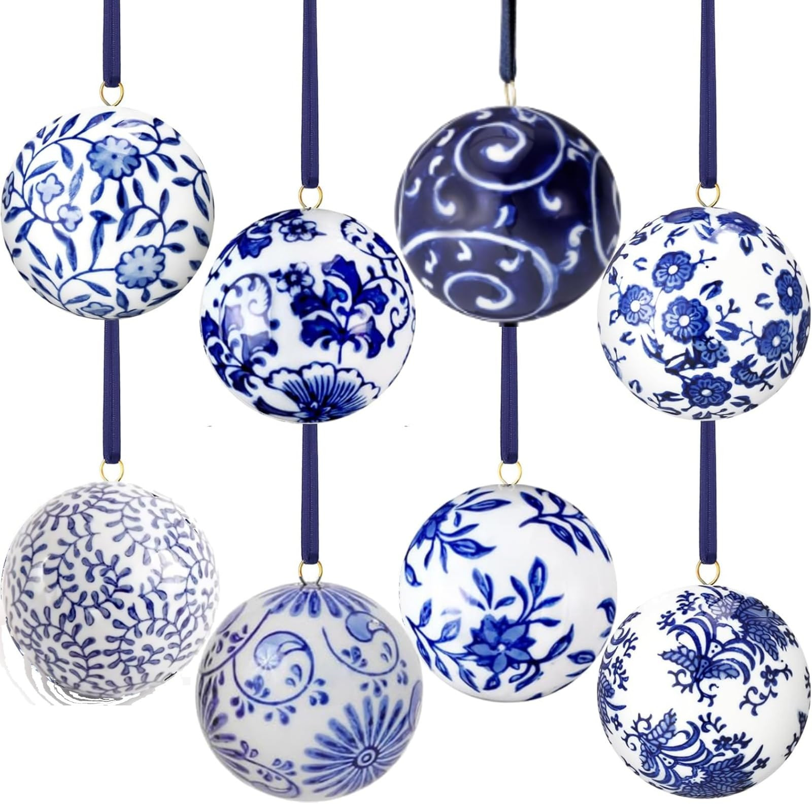 BBTO 8 Pcs Christmas Chinoiserie Porcelain Ball Ornaments 2.36 Inch Mini Ball Ornaments Blue and White Christmas Tree Decorations Ceramic Christmas Hanging Ornaments for Home Tree | Amazon (US)