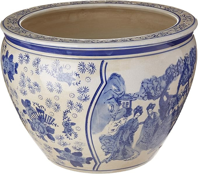 Oriental Furniture 14" Ladies Blue & White Porcelain Fishbowl | Amazon (US)