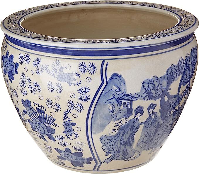 Oriental Furniture 14" Ladies Blue & White Porcelain Fishbowl | Amazon (US)
