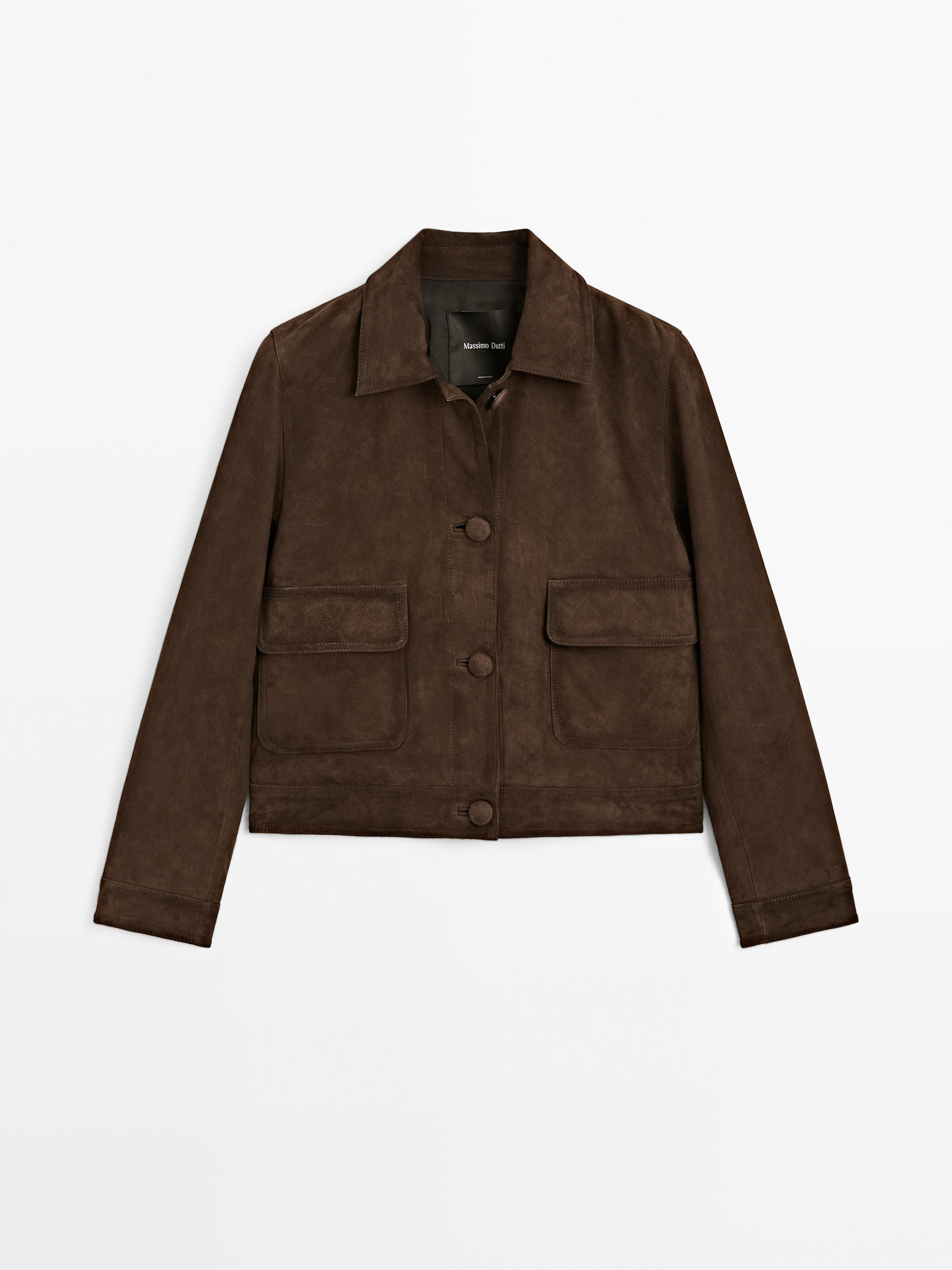Cropped suede leather-lined jacket with buttons | Massimo Dutti US