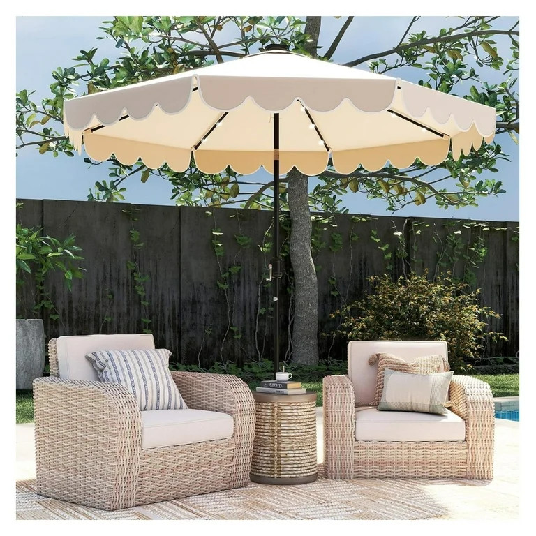 Qtypgm 10FT Solar LED Patio Umbrella, 2-Tiers Scalloped Outdoor Table Market Umbrella with 24 LED... | Walmart (US)