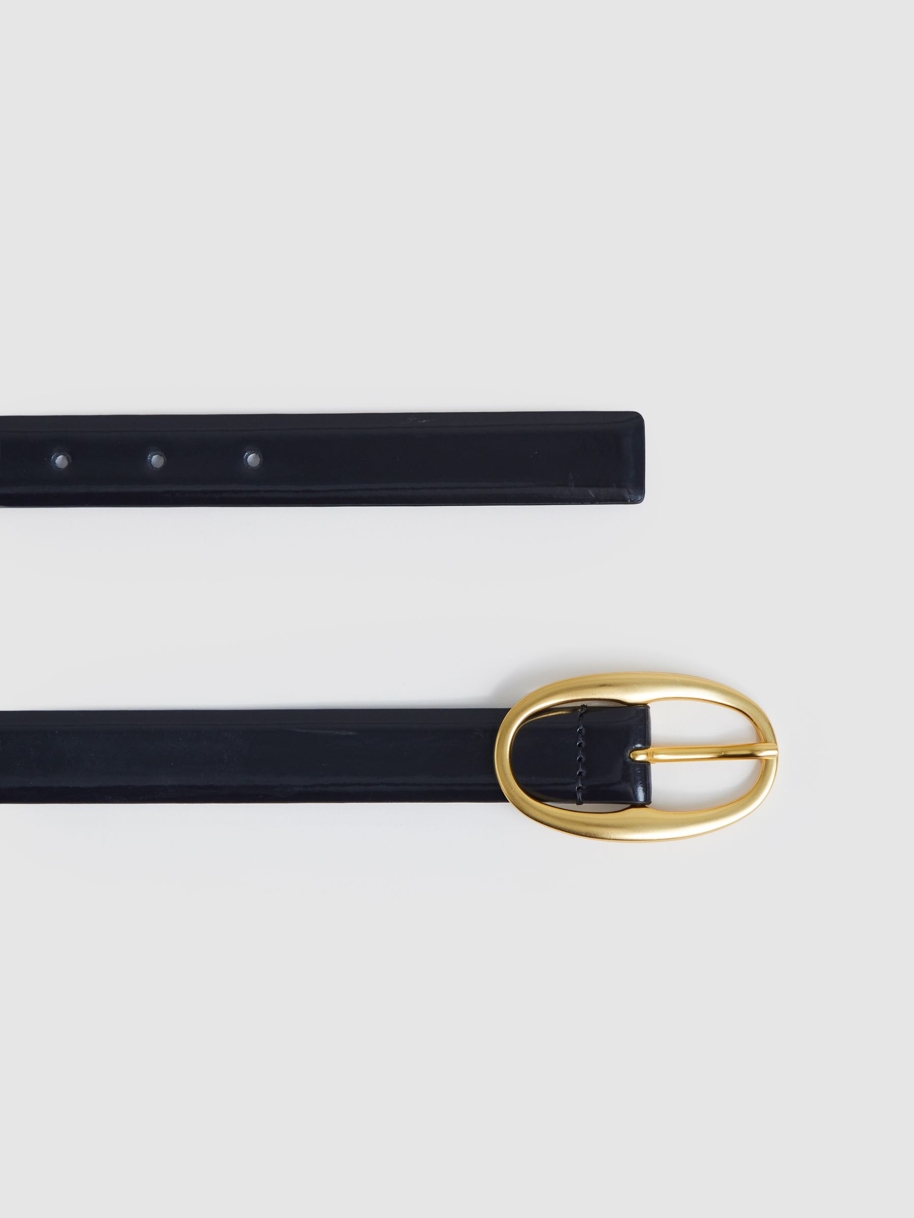 Patent Leather Oval Buckle Belt in Navy | Reiss US