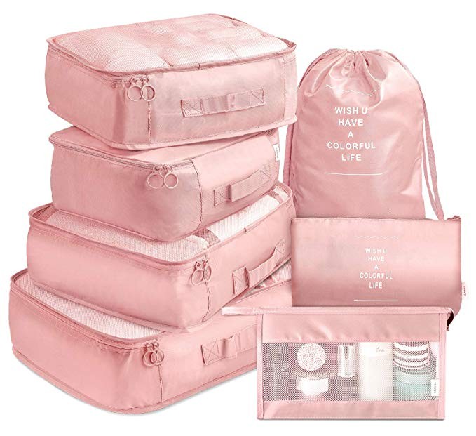 Packing Cubes VAGREEZ 7 Pcs Travel Luggage Packing Organizers Set with Toiletry Bag (Pink) | Amazon (US)