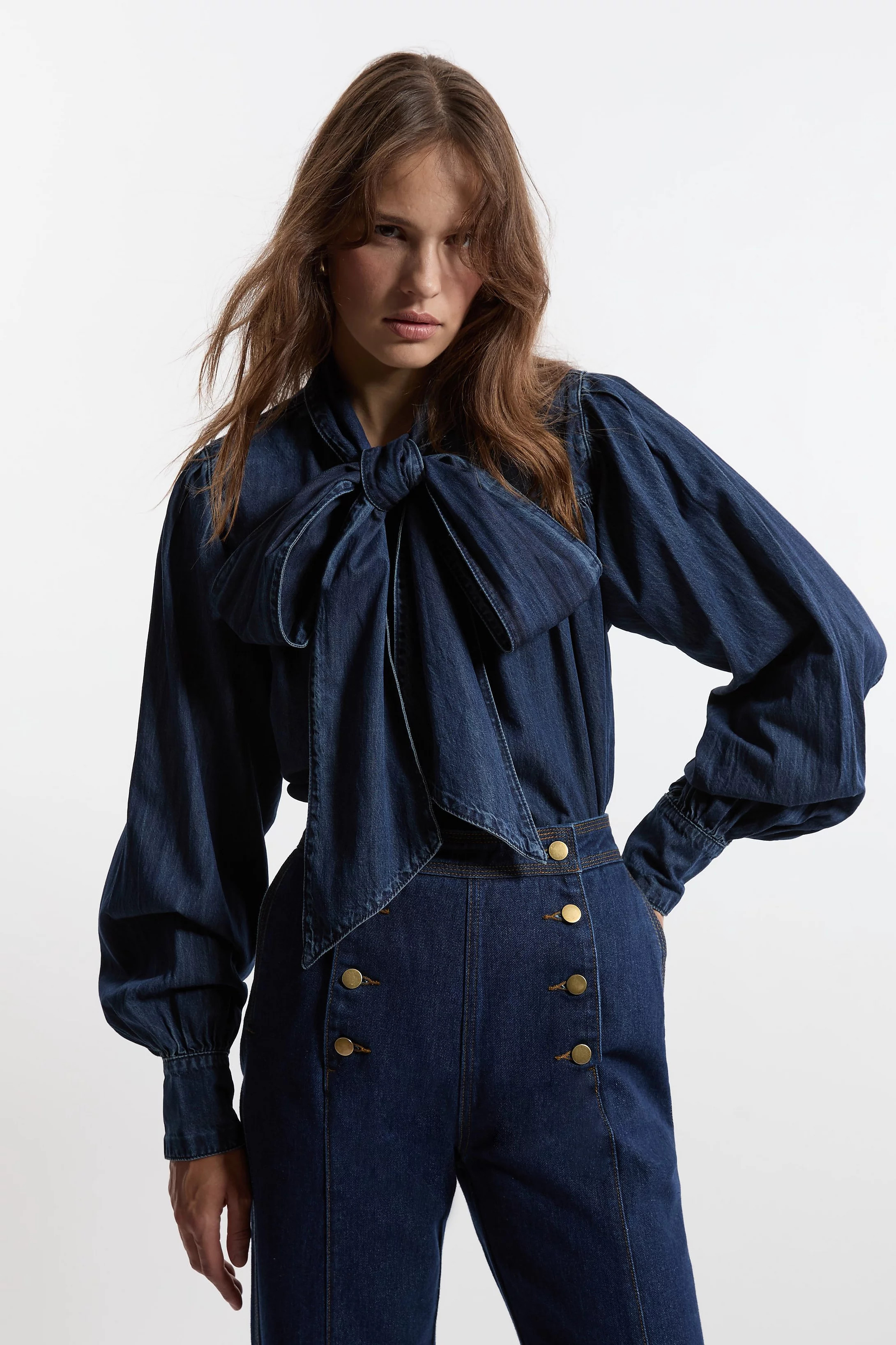 Denim Pussybow Denim Blouse | Karen Millen US