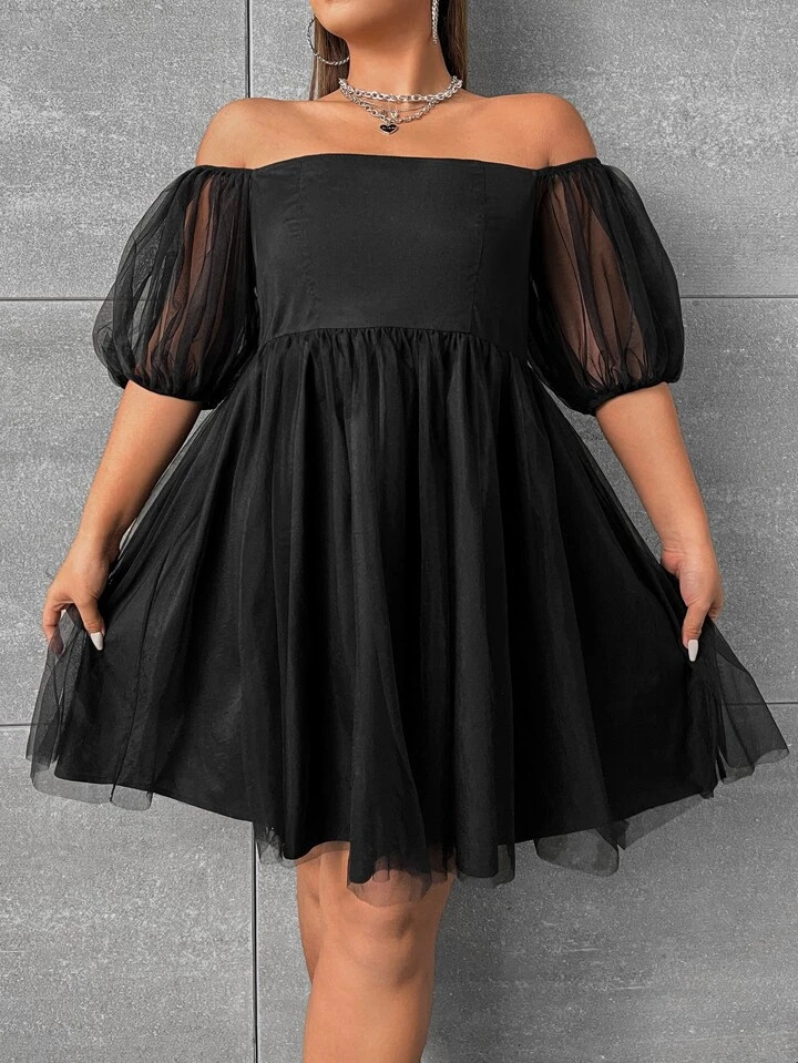 SHEIN MOD Plus Puff Sleeve Mesh Dress | SHEIN
