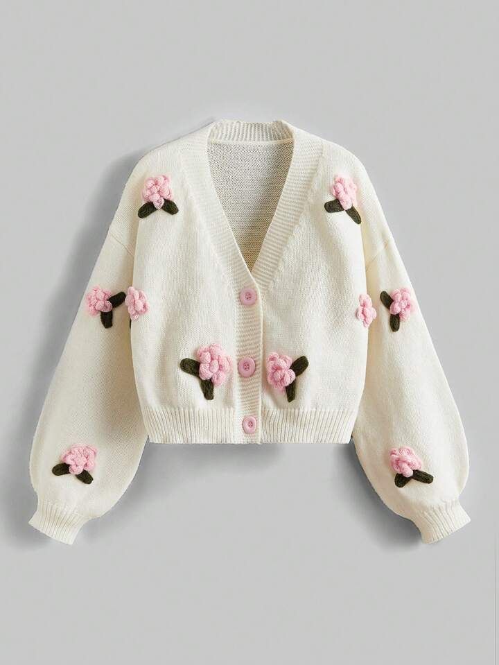 ROMWE Kawaii Cardigan With Upturned Collar & 3d Flower Detailing Buttons | SHEIN