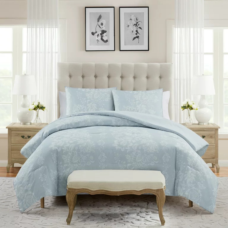 My Texas House Caroline 3-Piece Blue Floral Slub Comforter Set, King | Walmart (US)