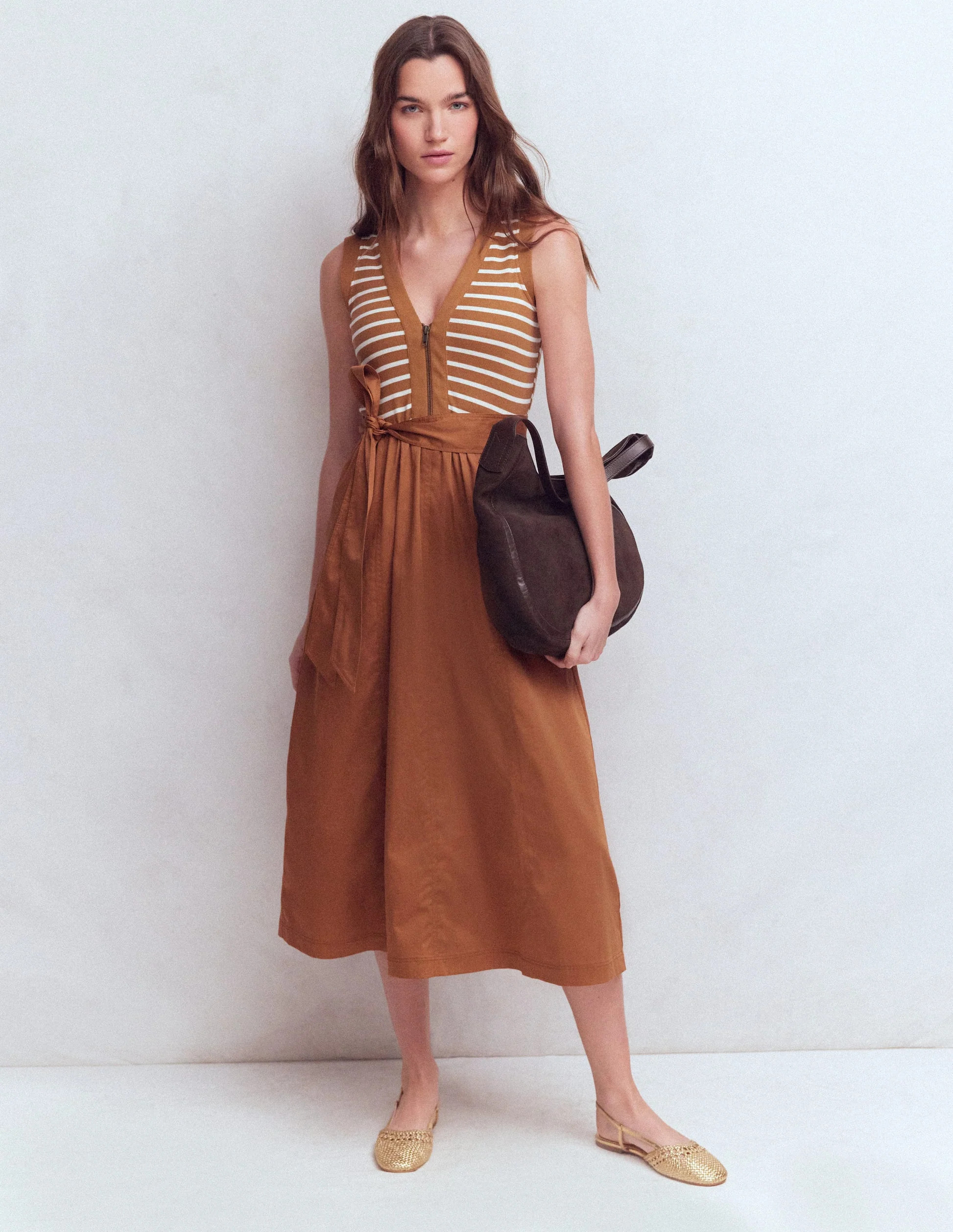 Zip-front Mix Media Dress-Ginger and Ivory Stripe | Boden (US)