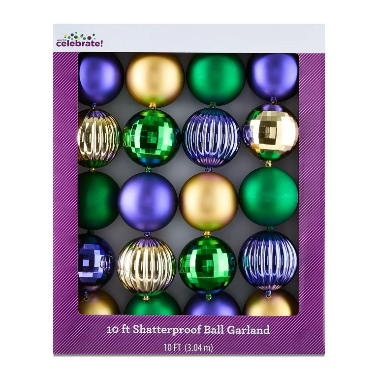 Shatterproof Ball Garland, Multicolor, 10', Mardi Gras by Way To Celebrate | Walmart (US)