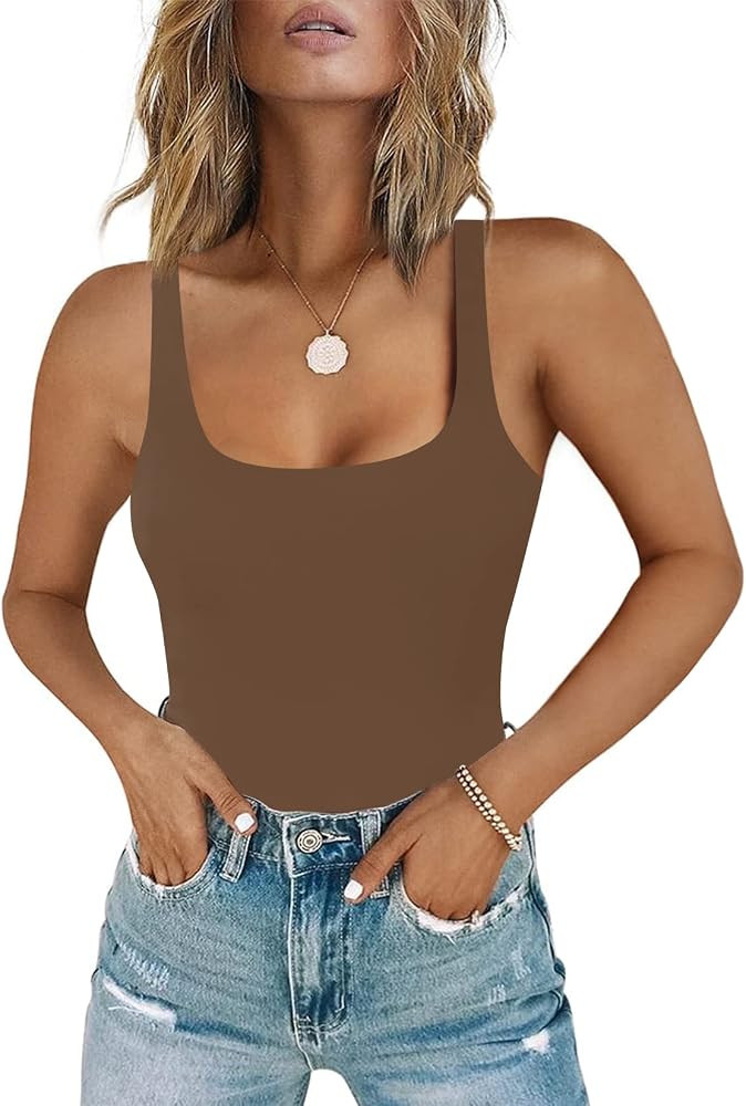 Chunpin Women's Square Neck Tank Bodysuit Sleeveless Tank Top Double Lined Body Suit Going Out Ou... | Amazon (US)