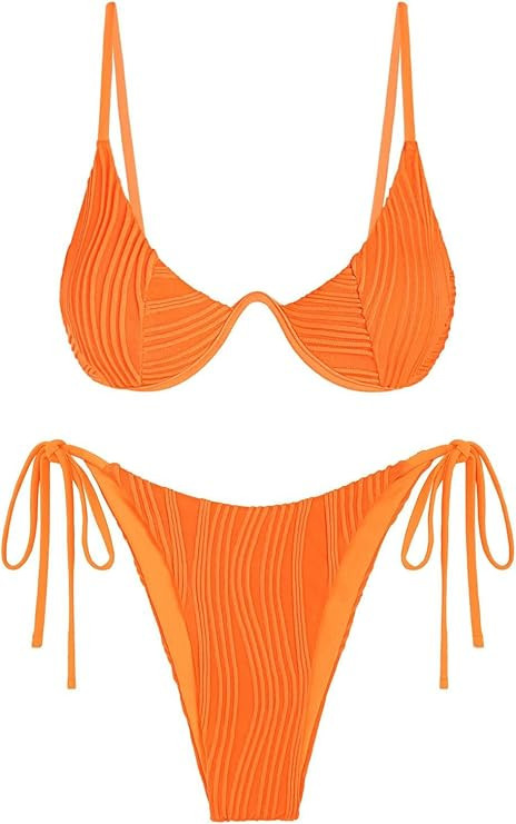 ZAFUL Women's Textured Underwire Bikini Set V Notch High Cut Swimwear Tie Side Ribbed Sexy Swimsu... | Amazon (US)