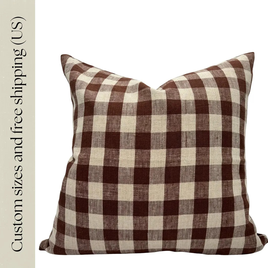 Buffalo Check Pillow Cover Linen Brown Gingham Pillow Country Style Farmhouse Design Bedroom Deco... | Etsy (Global)