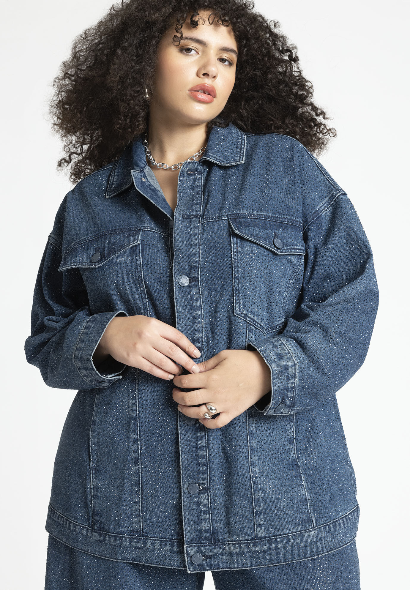 Barkwood x ELOQUII Oversized Embellished Denim Jacket | Eloquii