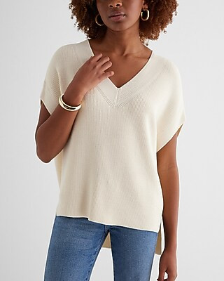 Ribbed V-Neck Short Sleeve Oversized Sweater | Express