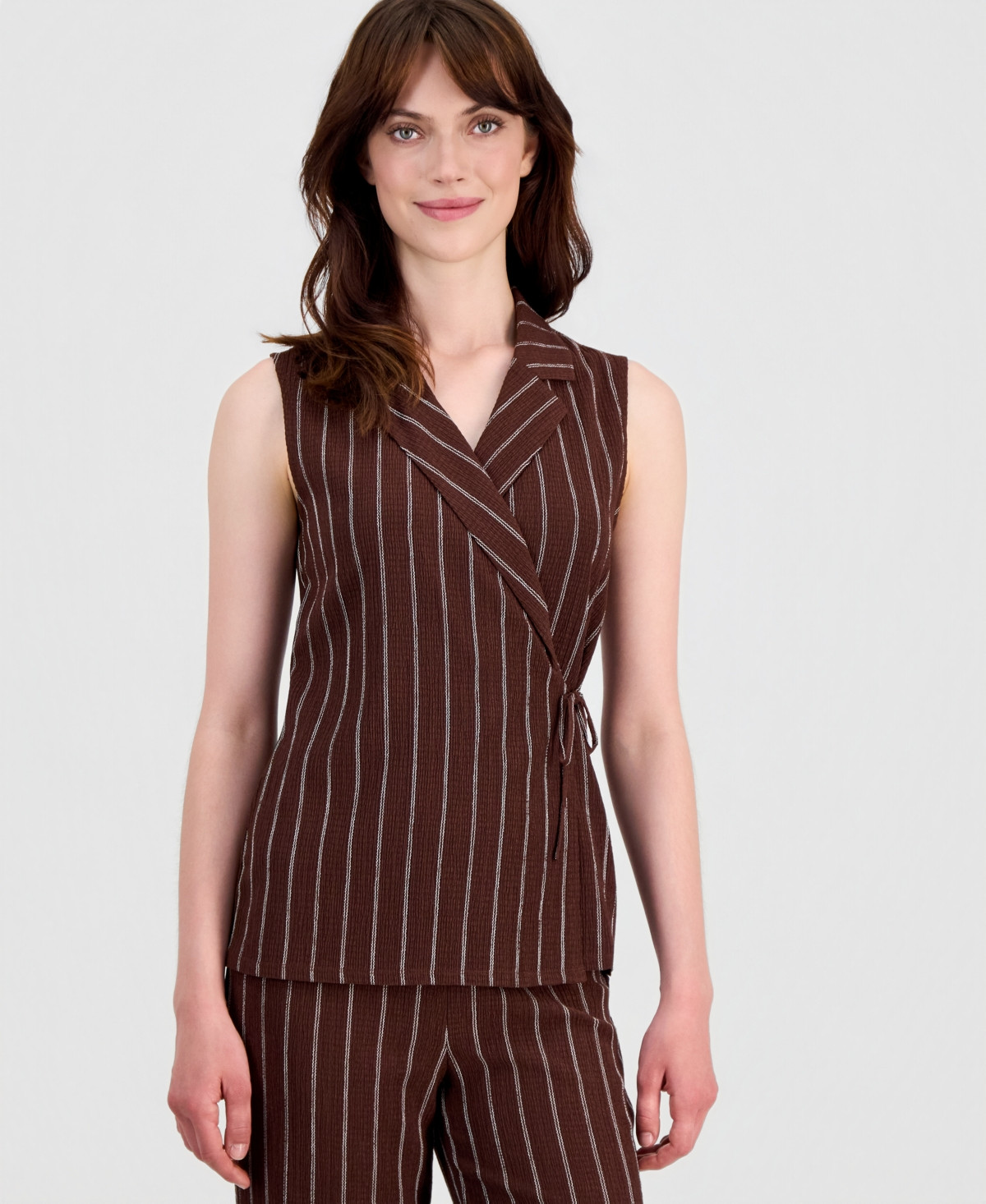 Anne Klein Women's Striped Textured-Knit Sleeveless Wrap Top, Regular & Petite - Dark Chocolate / White Dove | Macy's