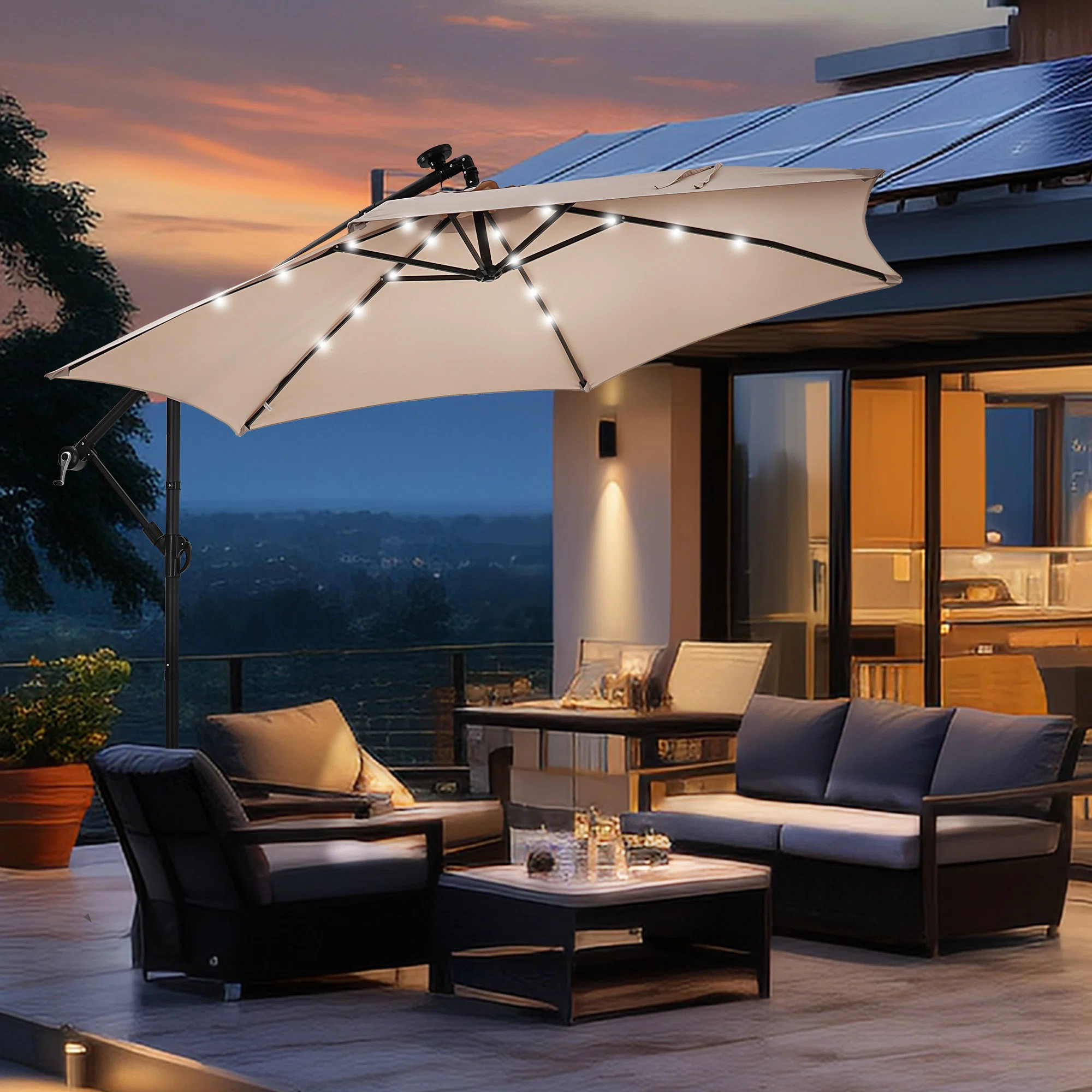 10ft Offset Hanging Market Patio Umbrella With Solar Lights&Base | Wayfair North America