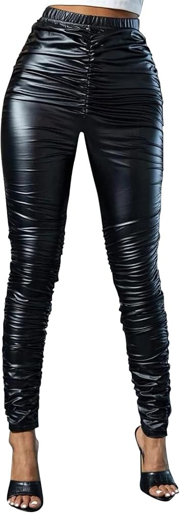 hibshaby Sexy Club Women's Pleather Faux Leather Pants High Waist Ruched Stacked Legging | Amazon (US)