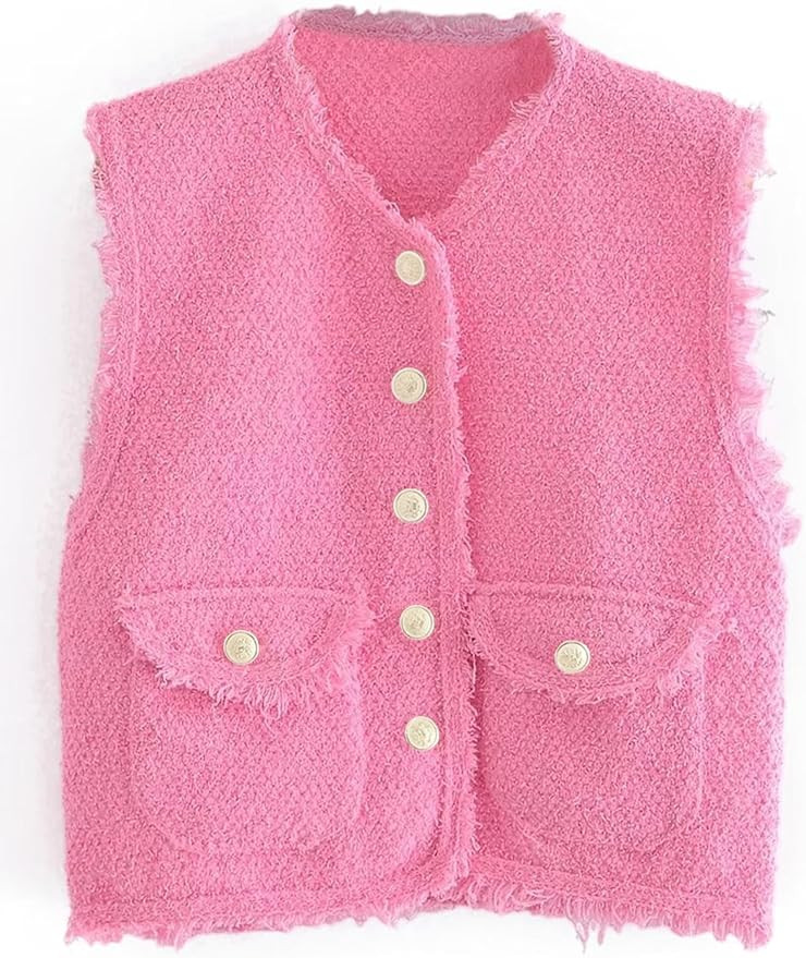 Women's Vest Lightweight Sleeveless V-neck Tweed Solid Blazers Textured Frayed Hem Button Front J... | Amazon (US)