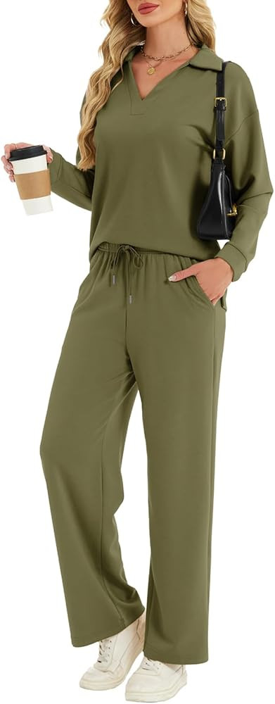 Two Piece Sets for Women Casual Fall Lounge Sets Long Sleeve V-Neck Tops Wide Leg Pants Vacation ... | Amazon (US)