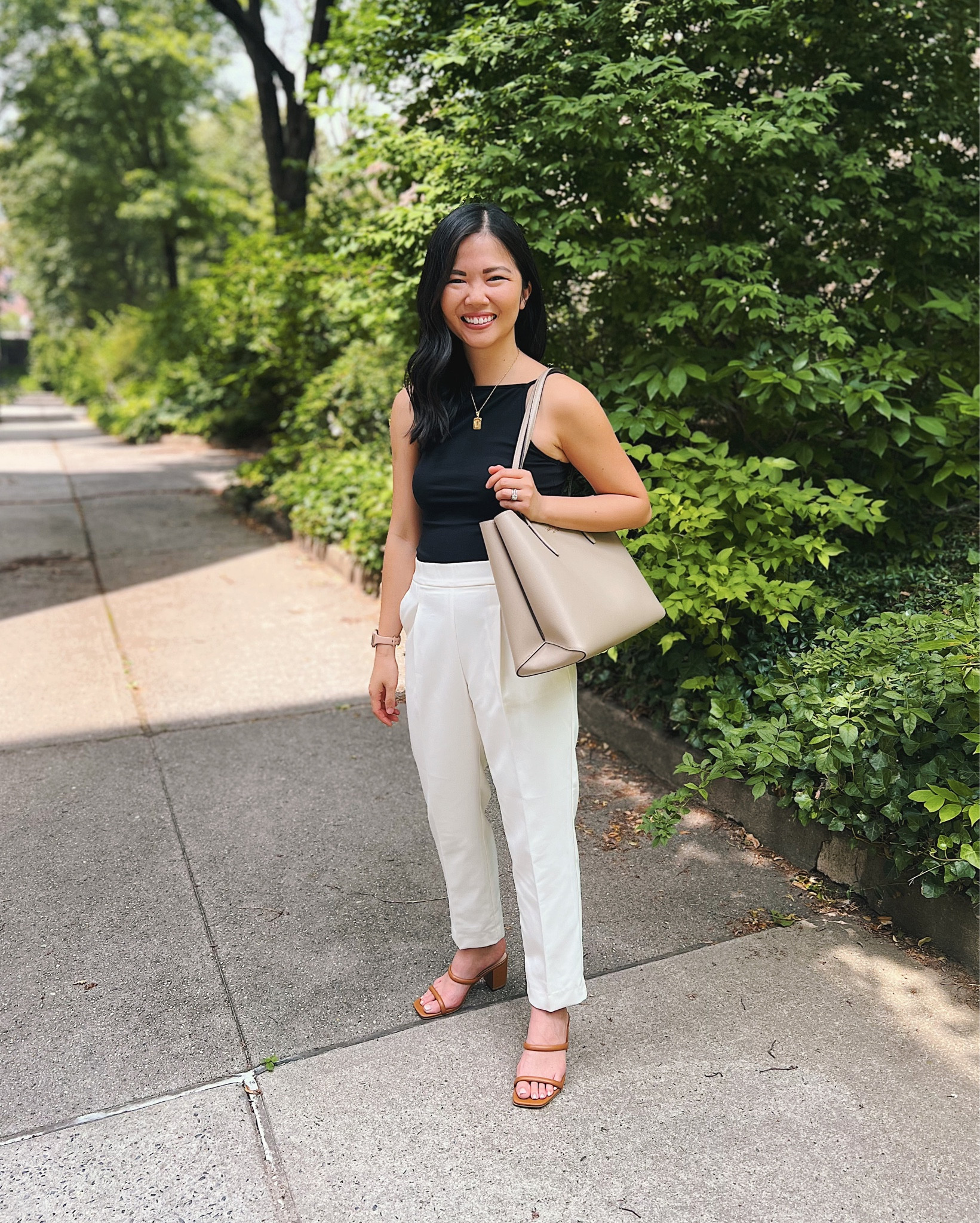 Black square neck tank (XS)
Black tank top
White pants (4P)
White work pants
Gold initial necklace
Taupe tote bag
Kate Spade All Day tote bag
Brown mule sandals (TTS)
Neutral outfit
Business casual outfit 
Smart casual outfit 
Summer work outfit 
Ann Taylor 

#LTKFind #LTKworkwear #LTKunder50