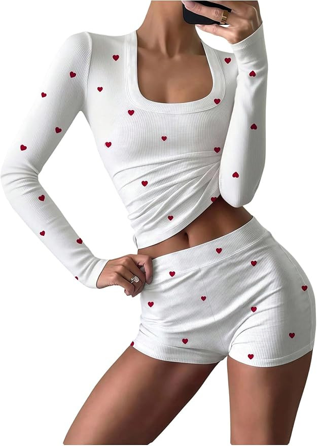 SOLY HUX Women's 2 Piece Outfits Heart Print Lounge Set Ribbed Knit Long Sleeve T Shirt and Mini ... | Amazon (US)