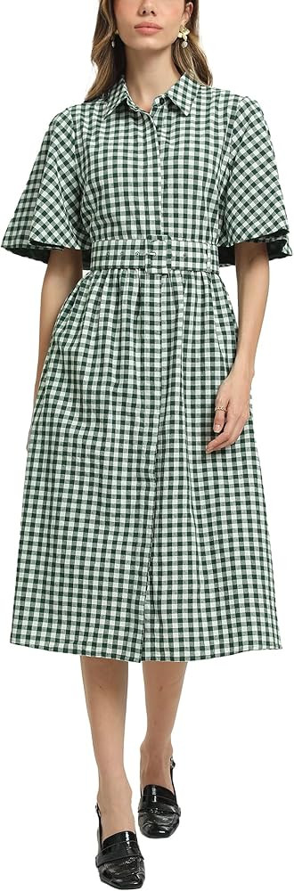 D-Sun Women Plaid Shirt Dress Button Down Gingham Collared Short Cape Sleeves V Neck Casual Belt ... | Amazon (US)