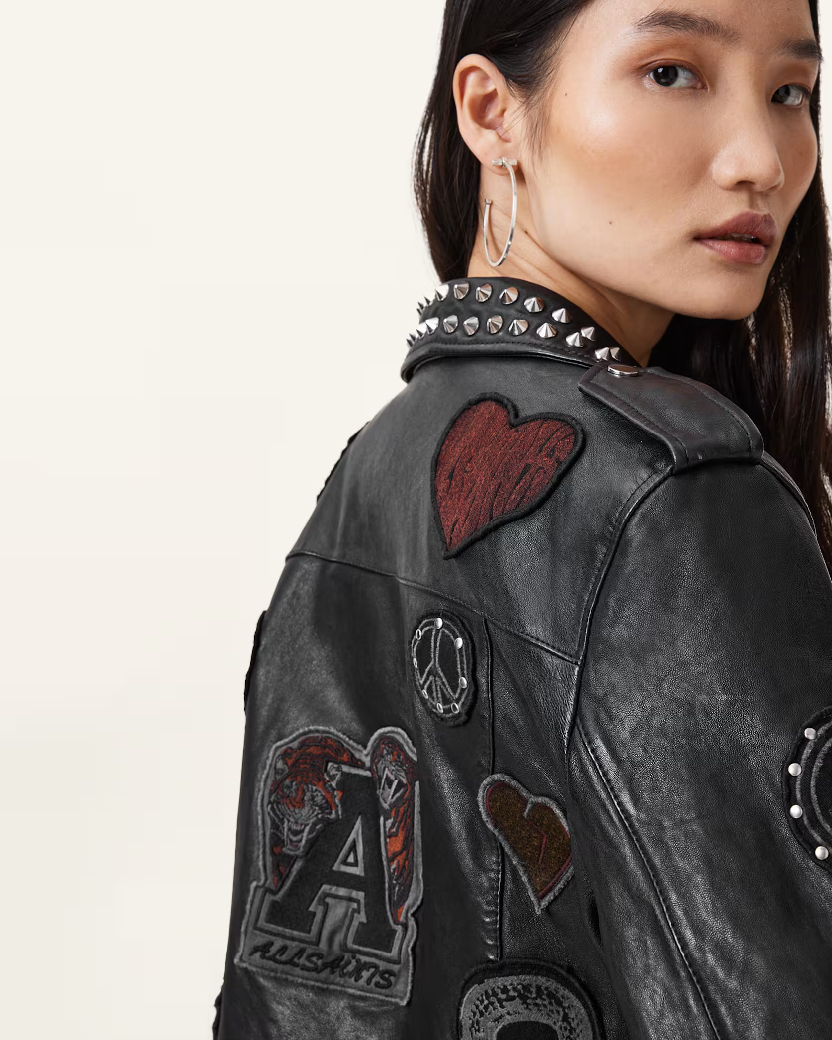 College Relaxed Fit Leather Biker Jacket | AllSaints UK
