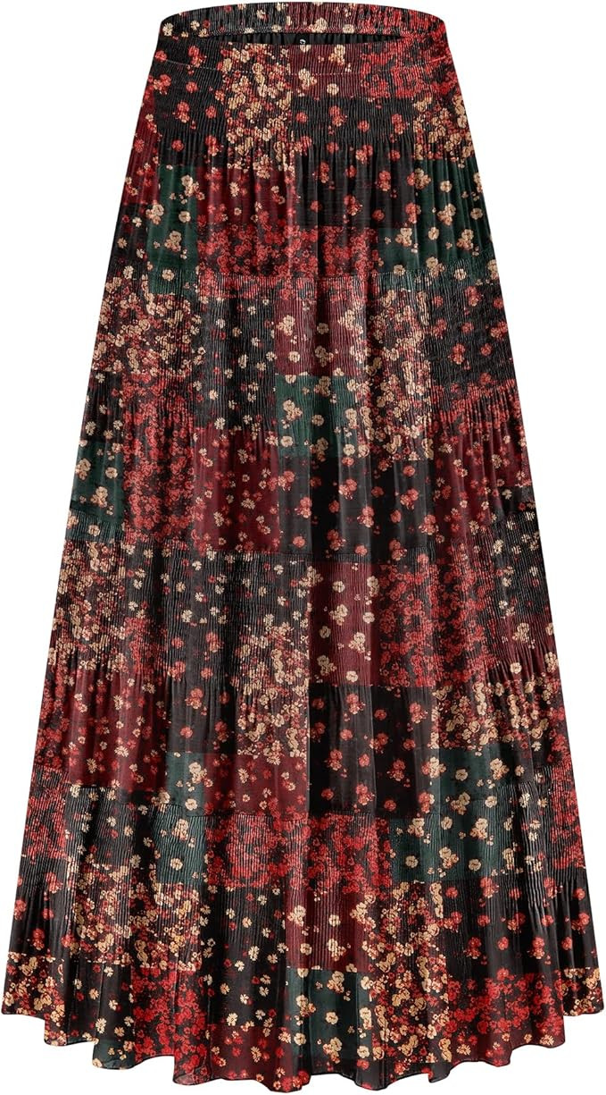 CYiNu Women's Chiffon Elastic High Waist Tiered Pleated Floral Printed A-Line Boho Long Maxi Skir... | Amazon (US)