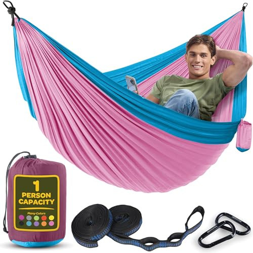 Durable Hammock 400 lb Capacity, Nylon Camping Hammock Chair - Double or Single Sizes w/Tree Straps and Attached Carry Bag - Portable for Travel/Backpacking/Beach/Backyard (Medium, Fuchsia & Sky Blue) | Amazon (US)