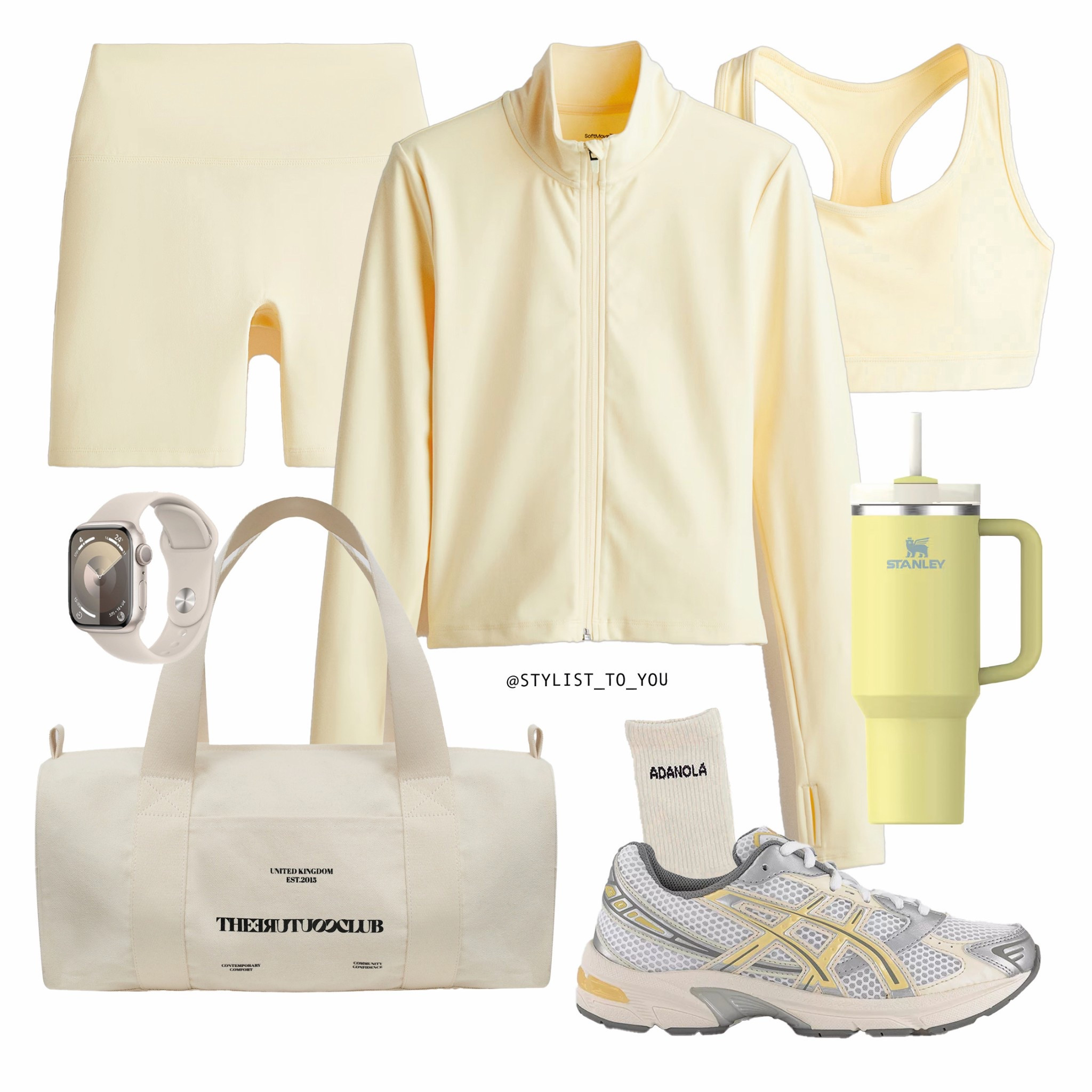 Lemon athleisure look 🍋💛

Flat lay of a coordinated light yellow activewear look with bike shorts, a matching zip-up jacket, sports bra, white Apple Watch, Coutute club cream ecru gym duffel bag, Stanley tumbler, Adanola crew socks, and white Asics running shoes with yellow accents. activewear set, yellow workout outfit, bike shorts, Stanley tumbler, gym outfit, sporty style, wellness aesthetic, athleisure, gym fashion, light yellow, Asics sneakers, Adanola socks, fitness chic, coordinated set, pastel workout look, sports bra, summer activewear, cute gym outfit, wellness style, fitness fashion, aesthetic workout, clean girl look, soft tones, minimal gym wear, casual sporty, weekend wear, active lifestyle, matching set, tech accessories, Apple Watch, practical fashion, health and style, stylish sneakers, capsule athleisure, trainer chic, on-the-go outfit, neutral gym bag, sporty vibes, athletic inspiration, cream and yellow, comfy and cute

#LTKfitness #LTKspring #LTKuk