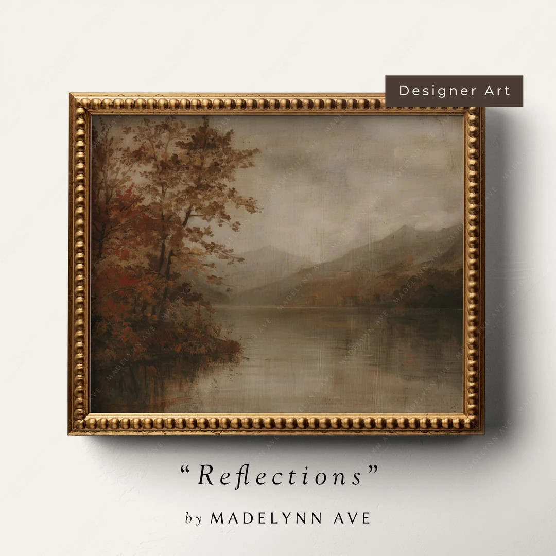 Rustic Moody Fall Lake Landscape, Vintage Autumn Oil Painting Wall Art, Modern Cottage Style Fall... | Etsy (US)