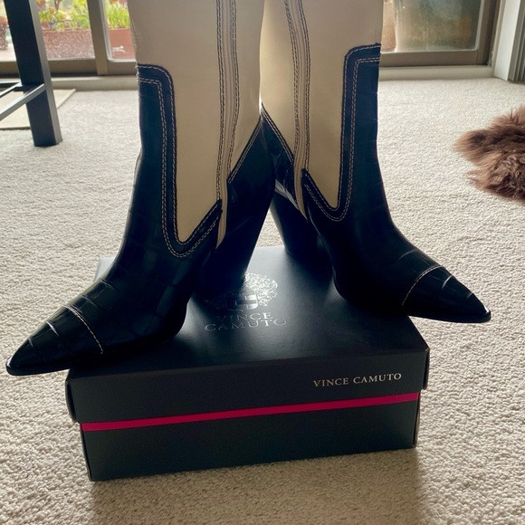 Vince Camuto Black and Cream Western Heeled Boots, mid-shaft, 8M like new! | Poshmark