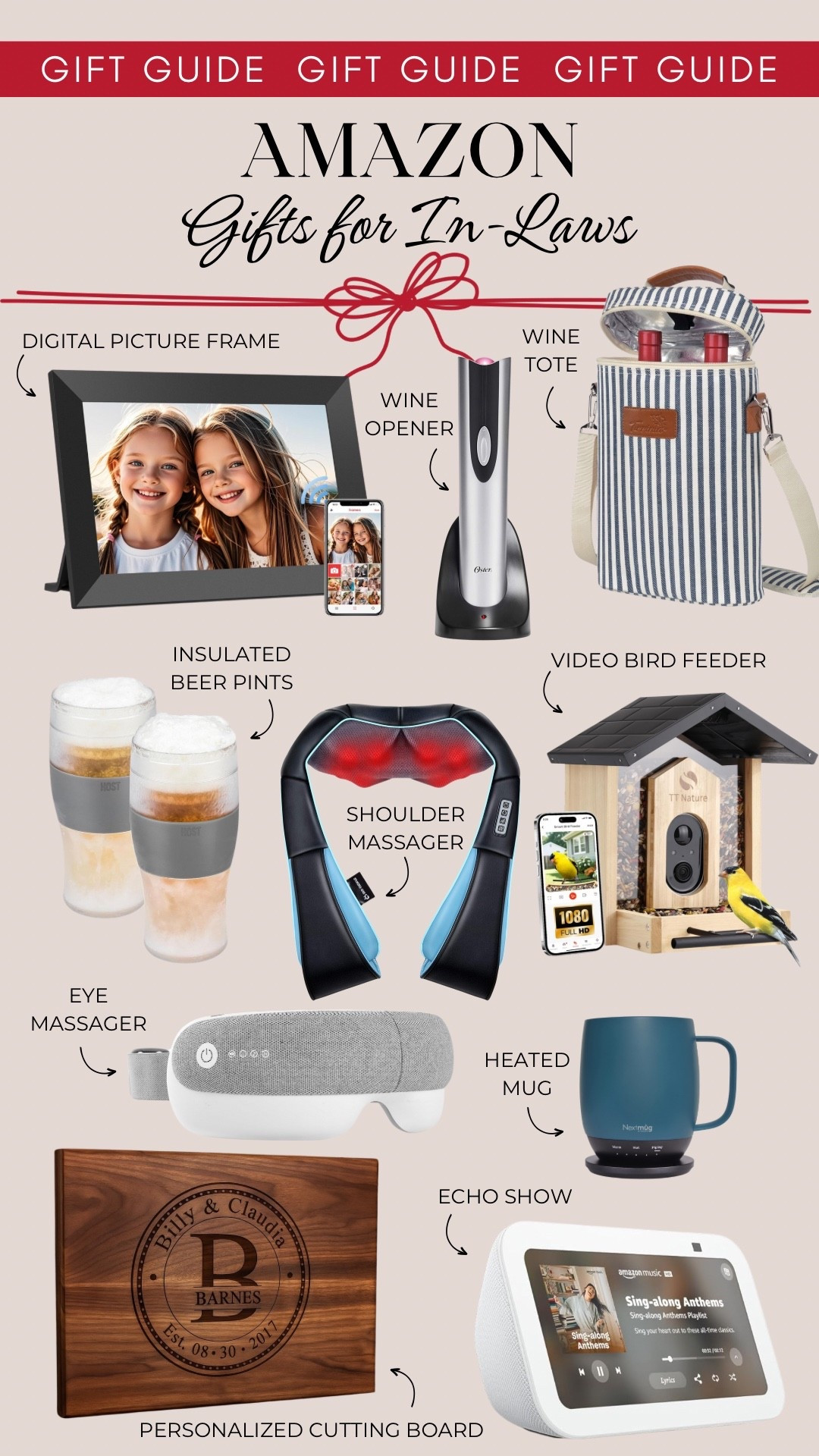 Amazon gift ideas for in-laws include a digital picture frame, electric wine opener, a wine tote, insulate beer pints, a shoulder massager, video bird feeder, eye massager, heated mug, Echo Show, and a personalized cutting board.

Gifts for mom, gifts for dad, gift guide, gifts under 50, gifts under 100

#LTKFindsUnder50 #LTKFindsUnder100 #LTKGiftGuide