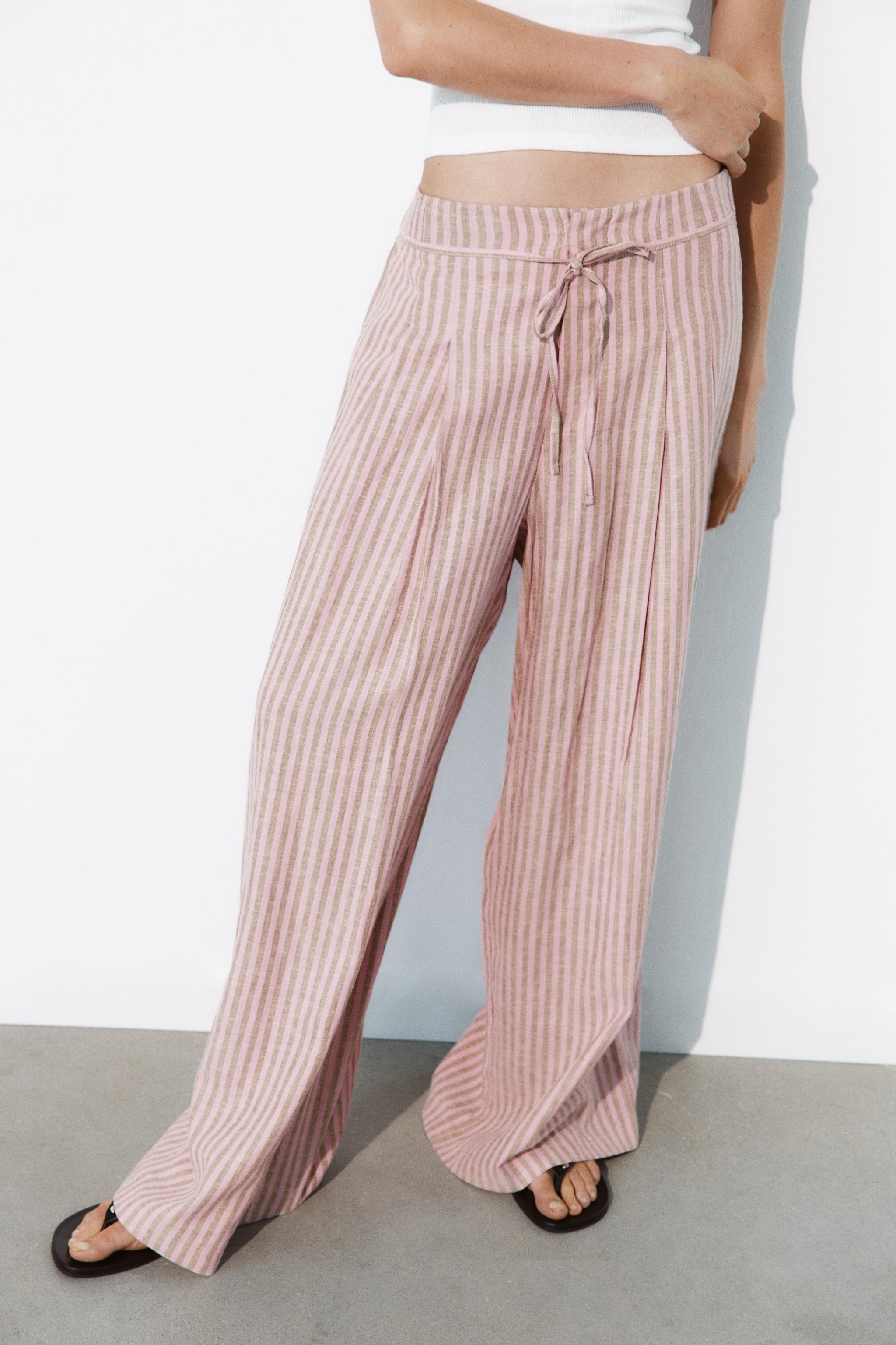 STRIPED DRAWSTRING LINEN BLEND TROUSERS | Zara UK