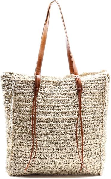 Beach Bag by Miss Fong, Beach Straw Bag, Straw Tote Bag, Beach Tote For Women with Inner Zipper P... | Amazon (US)