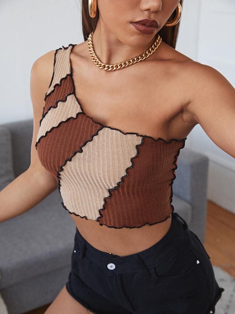 SHEIN Colorblock Contrast Stitch Rib-knit Asymmetrical Neck Top | SHEIN