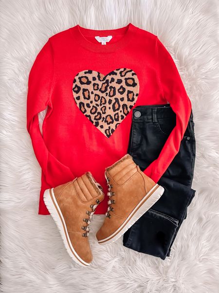 🚨ON SALE $10 
Valentine’s Day sweater 
Heart sweater 
Boots are Amazon 
Linked similar ones from Walmart 
Valentine’s Day outfit idea

#LTKunder50 #LTKstyletip #LTKsalealert