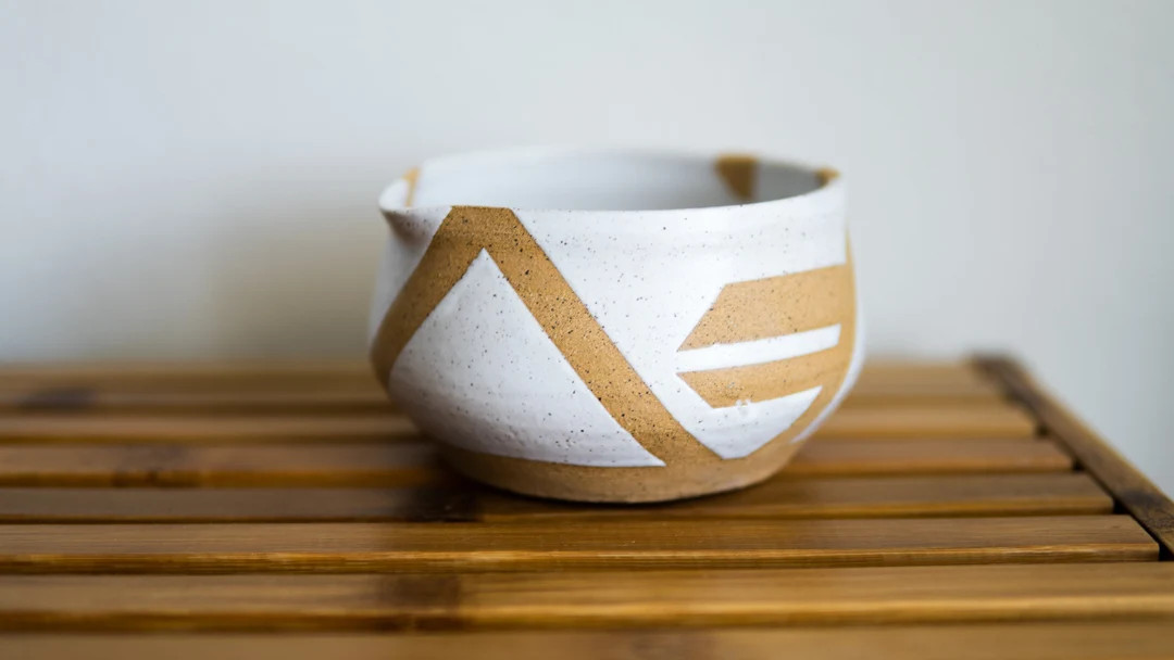 Geometric Ceramic Matcha Bowl With Spout White Speckled - Etsy | Etsy (US)