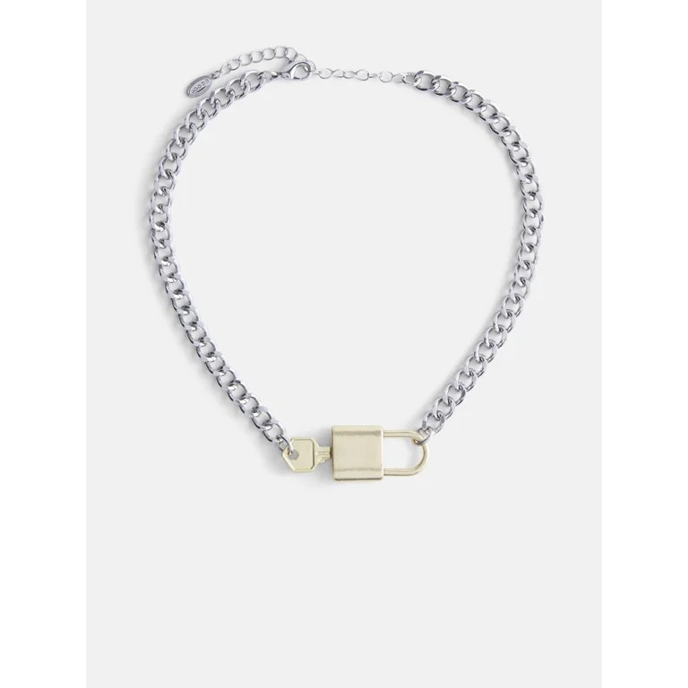 Scoop Women\u2019s Rhodium Tone and Brass Tone Padlock Key Necklace | Walmart (US)
