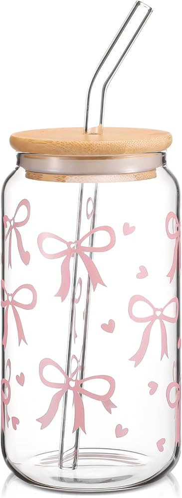 Hoolerry Coquette Bow Aesthetic Cup, 16 oz Dainty Pink Glass Cup with Lid and Straw, Vintage Bows... | Amazon (US)