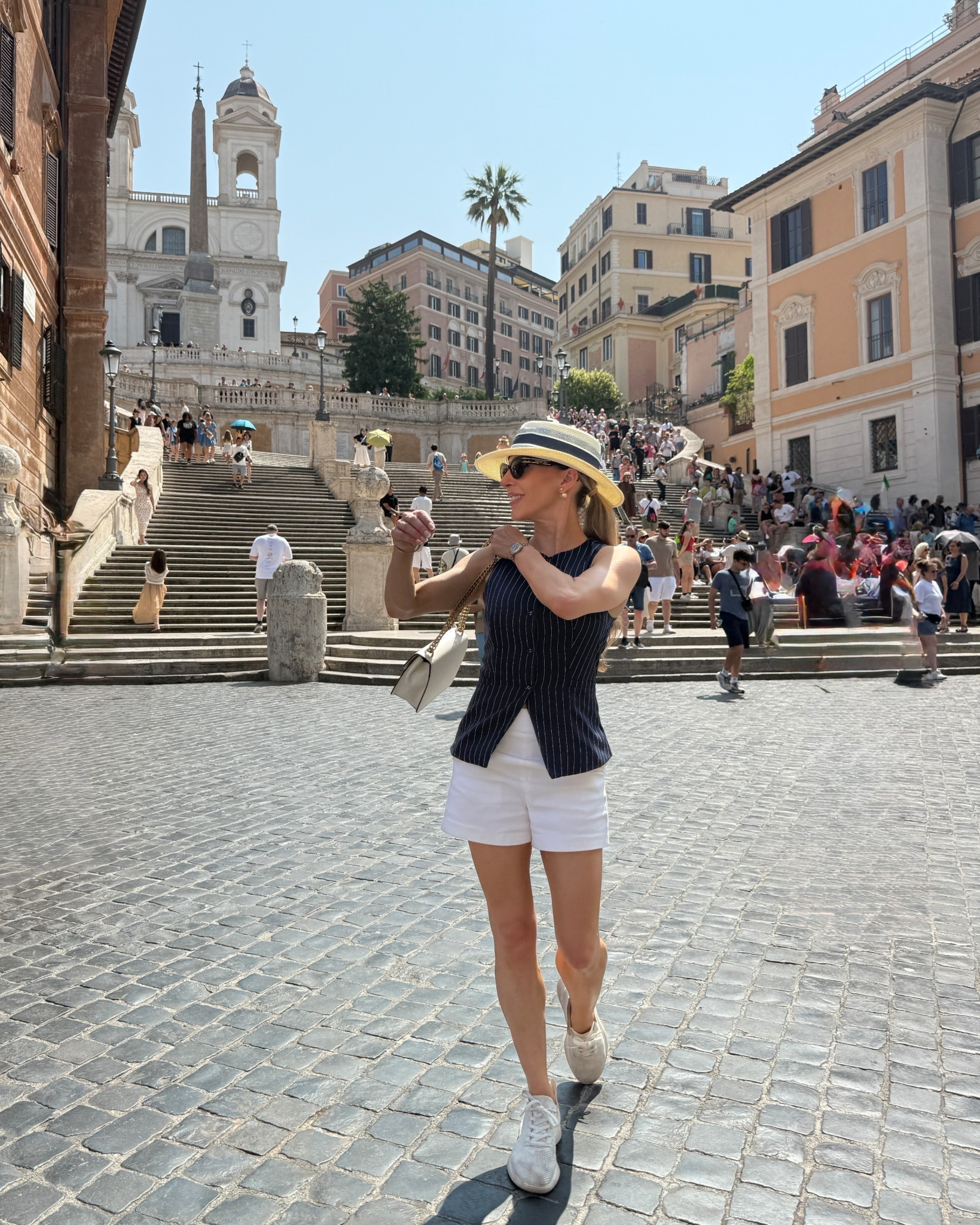 Rome called, I can running. Tailored white shorts, navy and white pinstripe vest, white crossbody bag, washable white sneakers and a UPF50 packable sunhat for walking around the city in the heatwave ☀️ 

#LTKSummerEdit #LTKStyleTip #LTKTravel