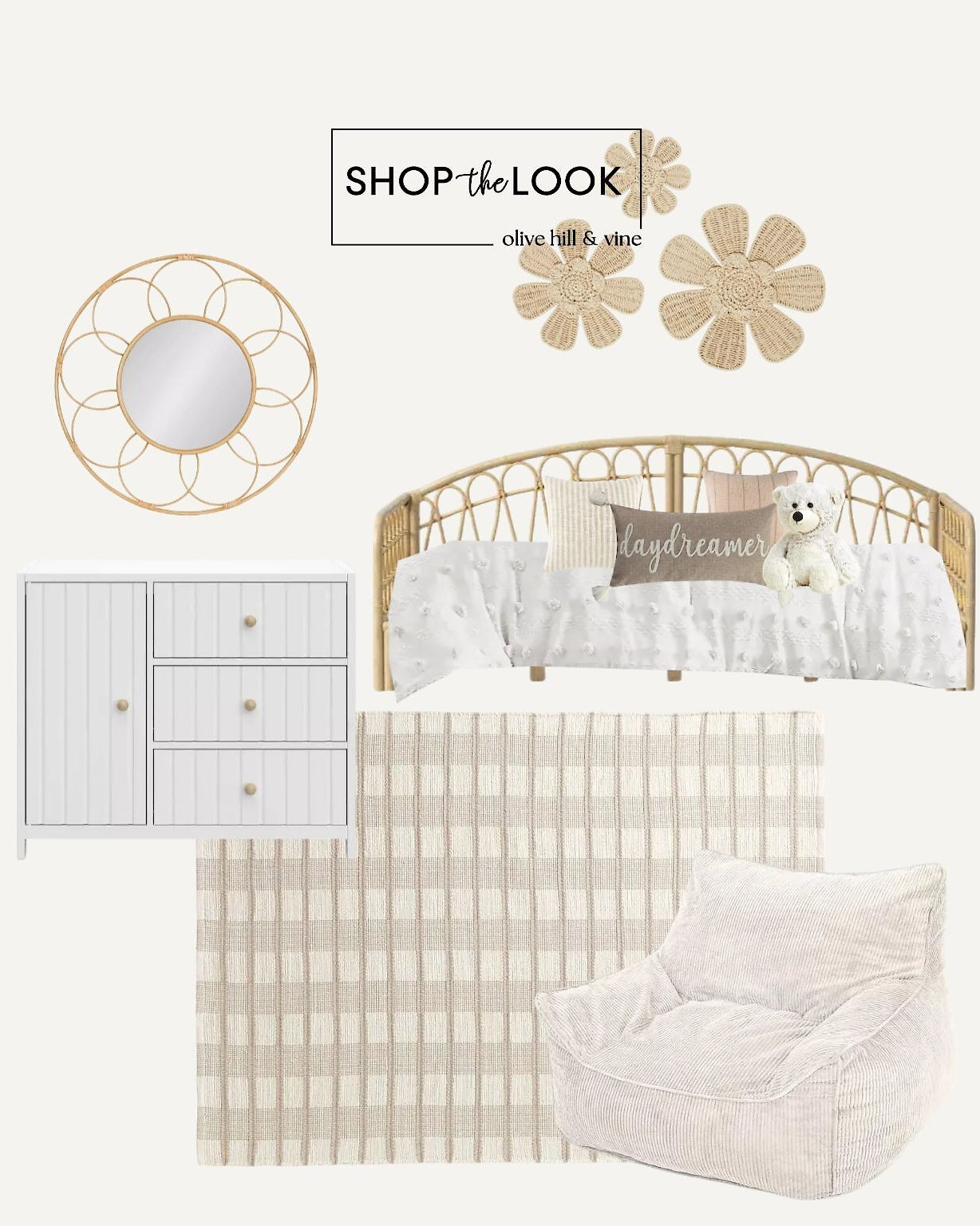 This dreamy bedroom is all about natural textures and soft neutrals. A rattan daybed with a curved back sets the tone, layered with pompom-detailed bedding and striped jute-cotton pillows. Boho wall decor, a cozy corduroy bean bag, and a plush bear complete the vibe.  

 

#LTKHome #LTKKids #LTKFamily