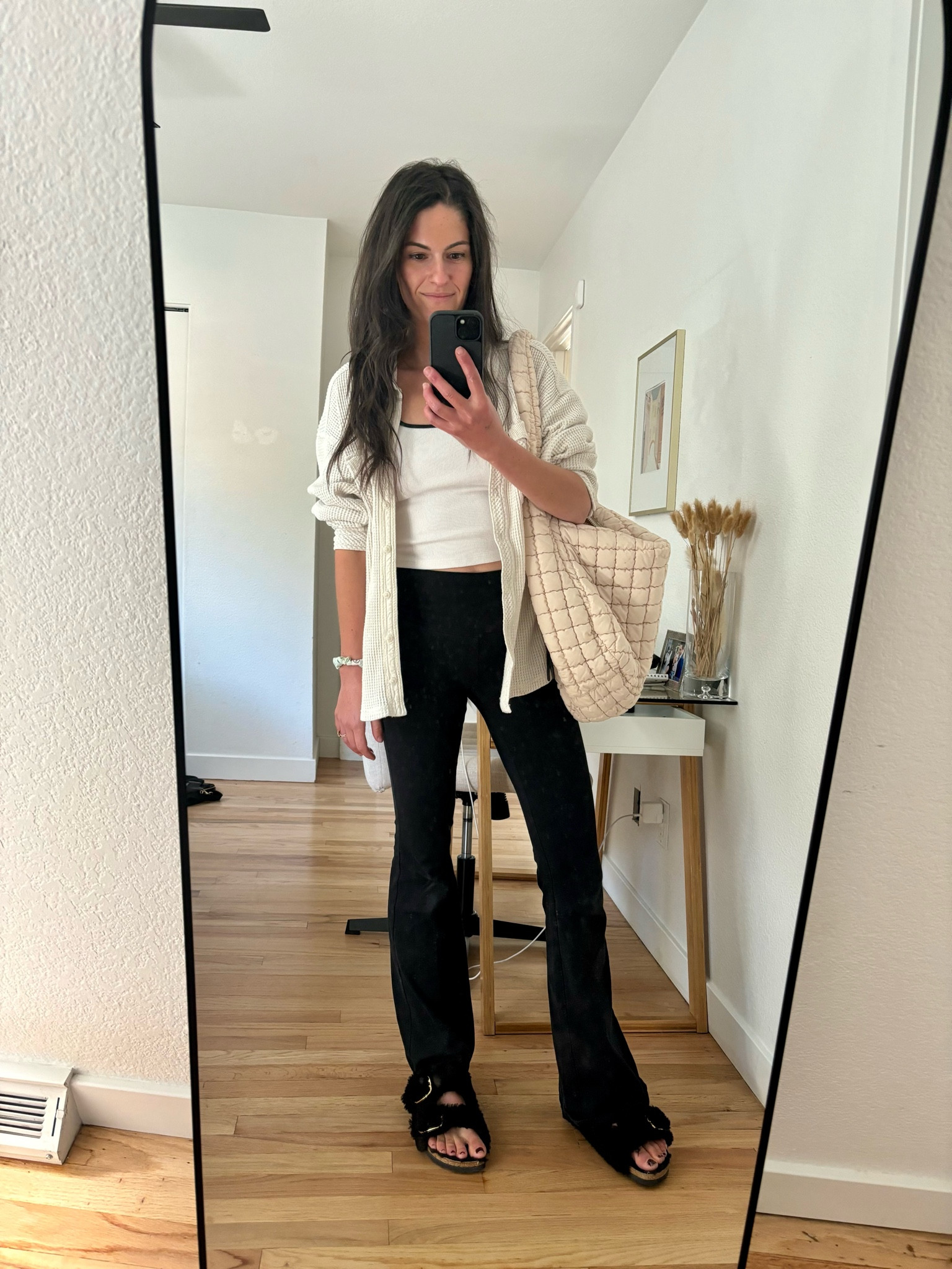 I live in this waffle button down, goes with so much! I’ve been using this quilted bag as my diaper bag. Shoutout to the Birk shearling sandals I’m using as slippers cuz I need support 😂